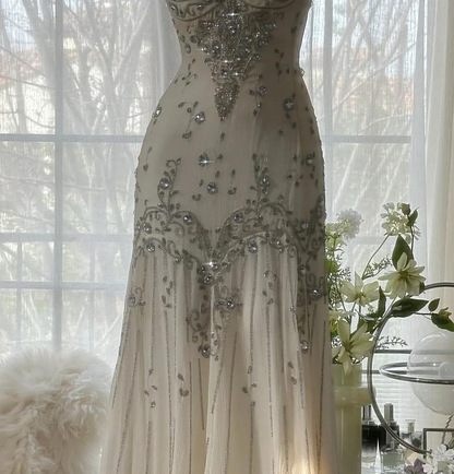Elegant Spaghetti Straps Apricot Beaded Chiffon Mermaid Gowns Vintage Backless Prom Dress