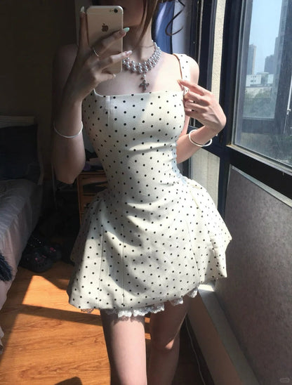 Elegant Square Neck Polka Dot Straps Back Tie Mini Homecoming Dress