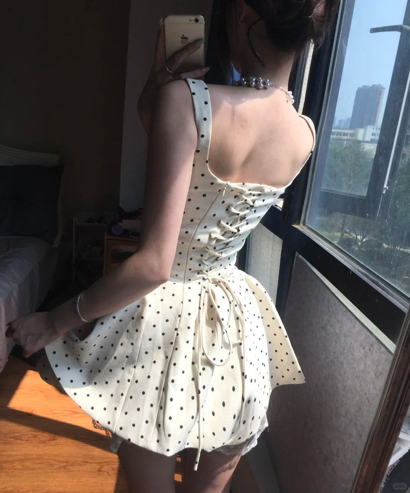 Elegant Square Neck Polka Dot Straps Back Tie Mini Homecoming Dress
