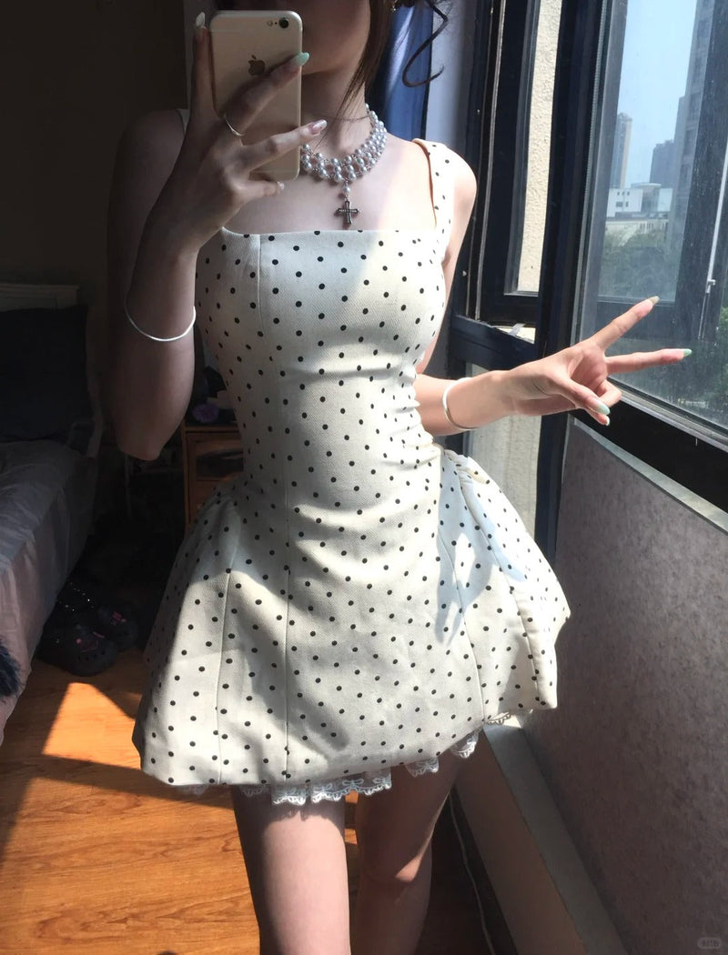 Elegant Square Neck Polka Dot Straps Back Tie Mini Homecoming Dress