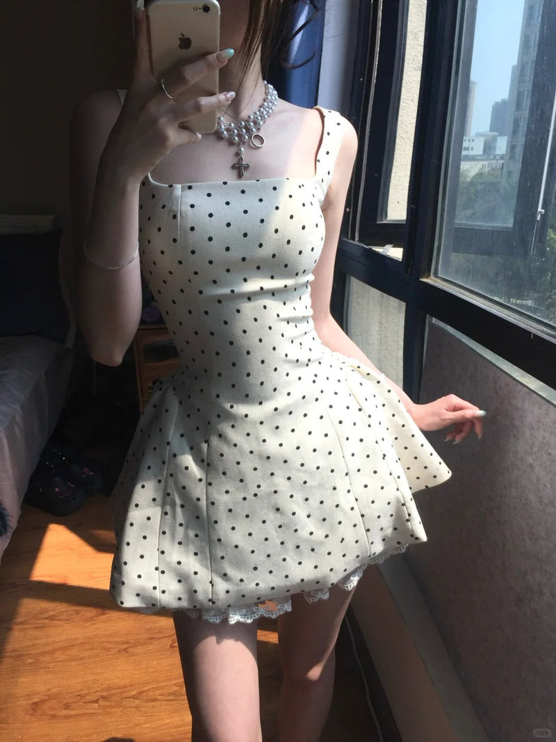 Elegant Square Neck Polka Dot Straps Back Tie Mini Homecoming Dress