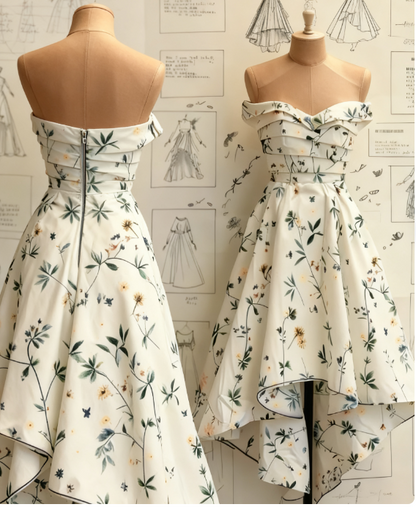 Elegant Strapless A-Line Short Prom Dresses Floral Chiffon Guest Dresses Sleeveless Birthday Dresses