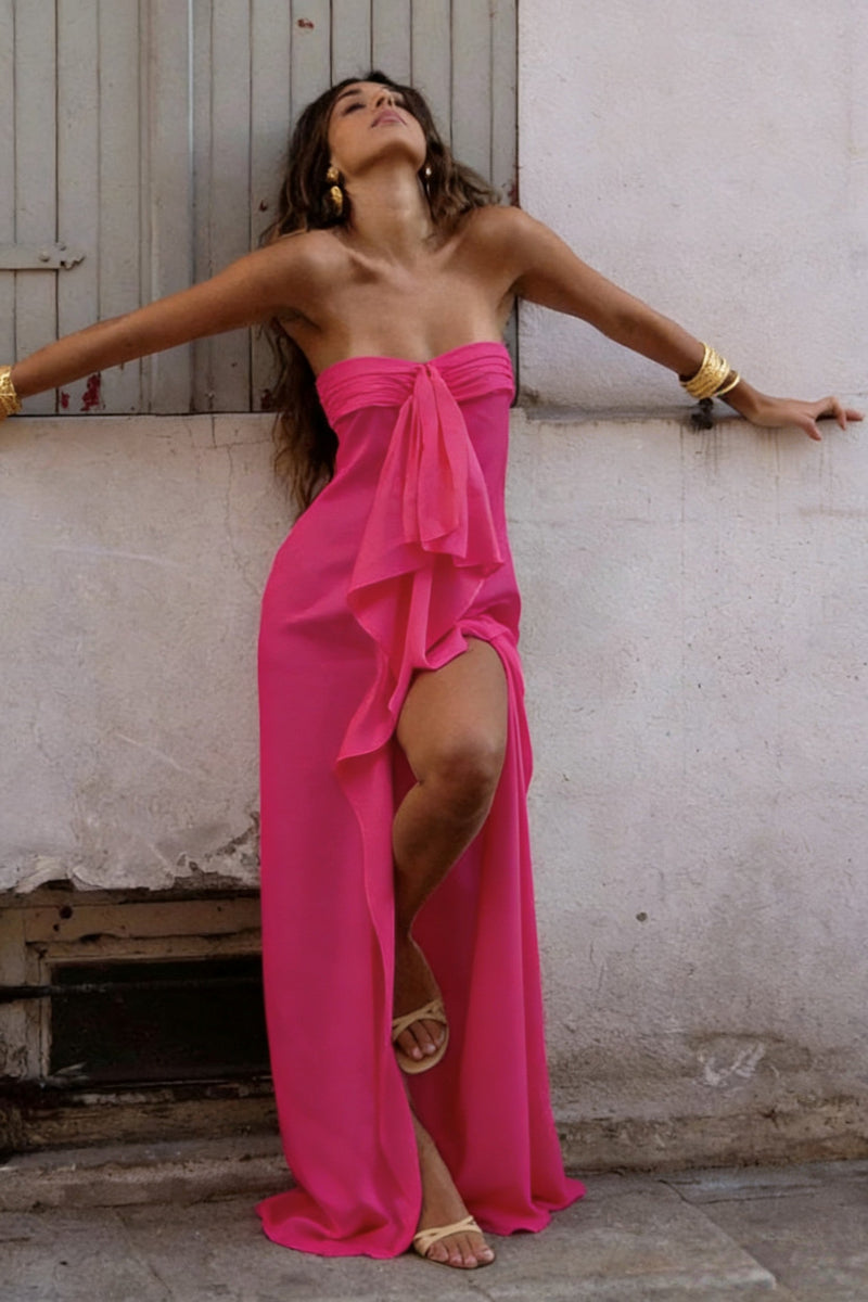 Elegant Strapless Satin Prom Dress with High Slit & Ruffle Layers