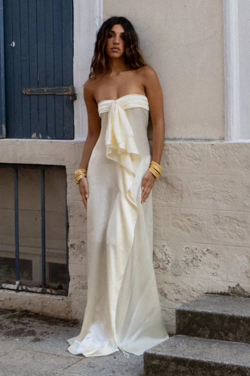Elegant Strapless Satin Prom Dress with High Slit & Ruffle Layers