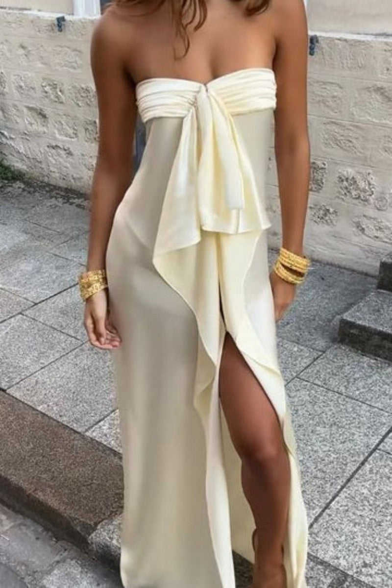 Elegant Strapless Satin Prom Dress with High Slit & Ruffle Layers