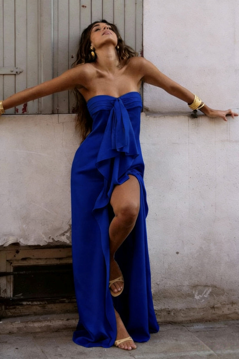 Elegant Strapless Satin Prom Dress with High Slit & Ruffle Layers