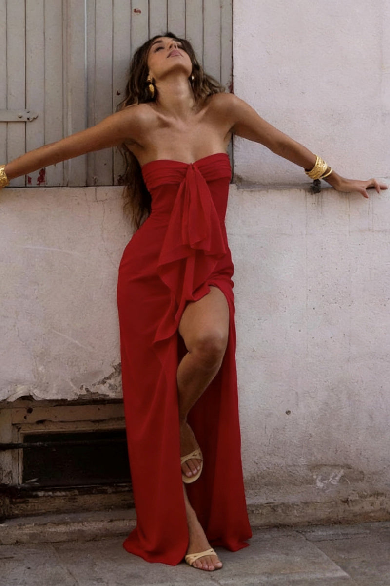 Elegant Strapless Satin Prom Dress with High Slit & Ruffle Layers