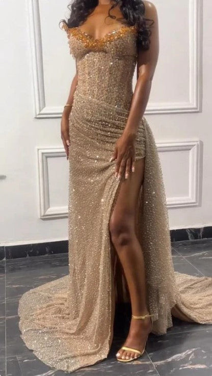 Champagne Sequin Strapless Beaded Slit Party Dress Lace-up Backless Long Prom Dress