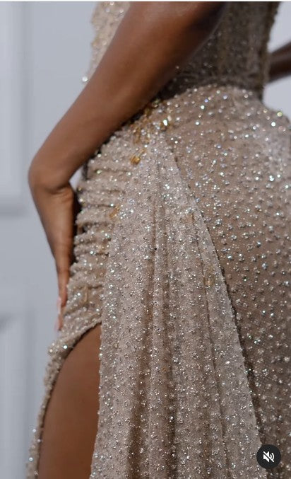 Elegant Strapless Shiny Beaded Sequin Long Prom Dresses Formal Evening Dresses With Slit