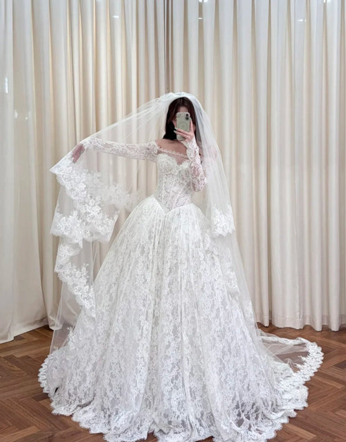 Elegant White Lace Off-Shoulder A-Line Wedding Dress | Long Sleeve Bridal Gown