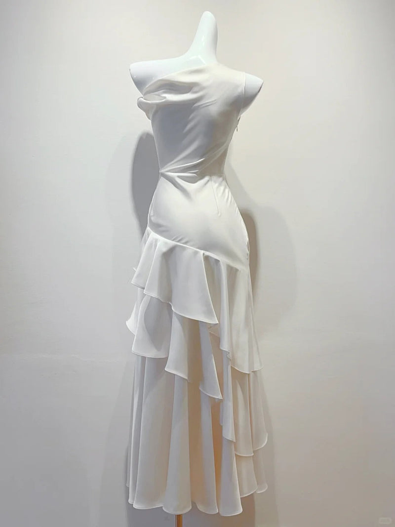 Elegant White Mermaid Ruffle Satin Prom Dress Evening Dress Bridesmaid Dress