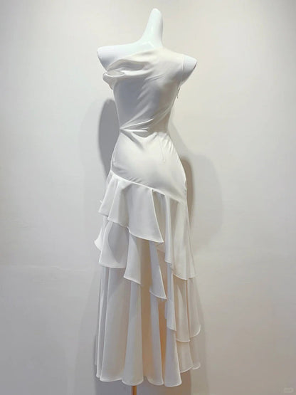 Elegant White Mermaid Ruffle Satin Prom Dress Evening Dress Bridesmaid Dress
