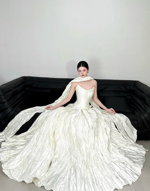 Elegant White Satin Strapless A-Line Wedding Dress | Sleeveless Bridal Gown