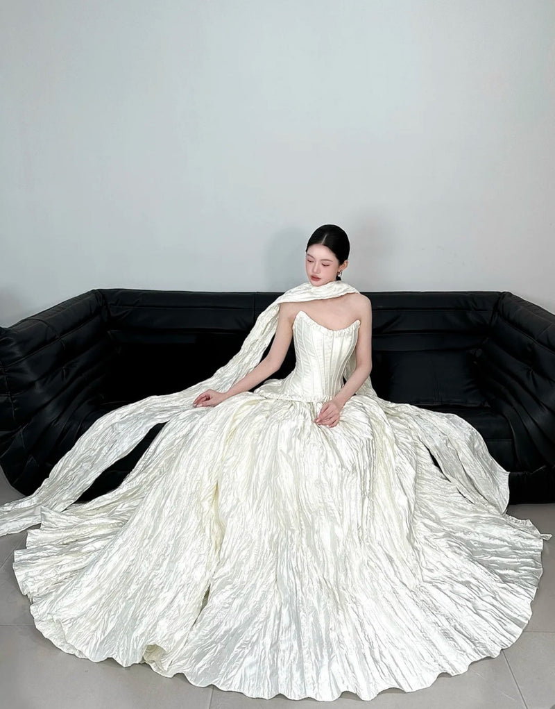 Elegant White Satin Strapless A-Line Wedding Dress | Sleeveless Bridal Gown