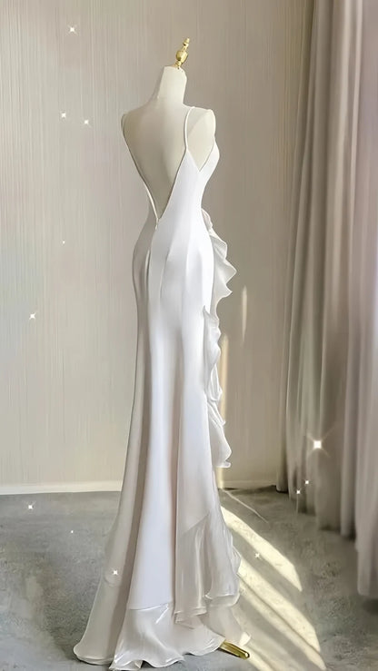 Elegant White Sheath Prom Dresses V-back Ruffle Evening Party Dress,AST2268