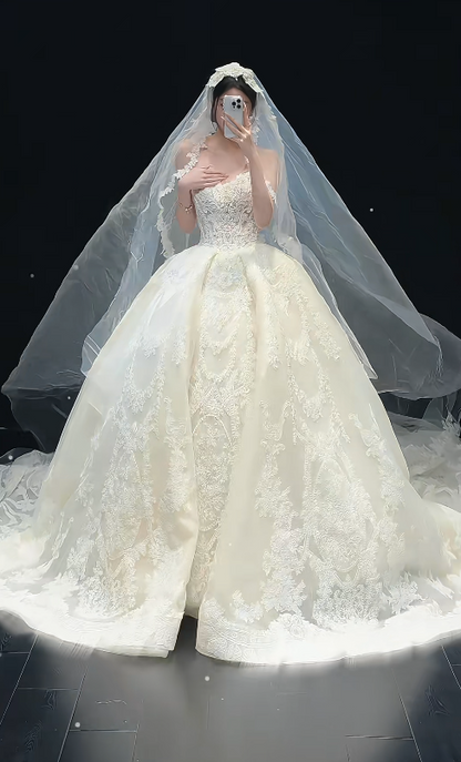 Elegant White Wedding Dress Long Lace Appliques Strapless Bridal Dress A-Line Sleeveless Bridal Gown