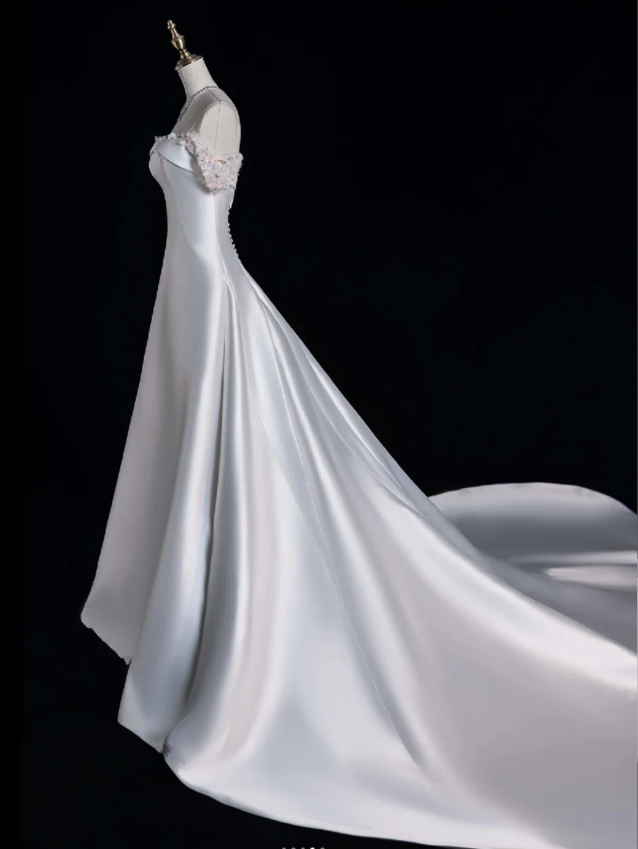 Elegant White Wedding Dress Off-shoulder Satin A-Line Bridal Gown Sleeveless Bridal Dress ED06819