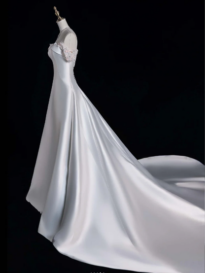 Elegant White Wedding Dress Off-shoulder Satin A-Line Bridal Gown Sleeveless Bridal Dress ED06819