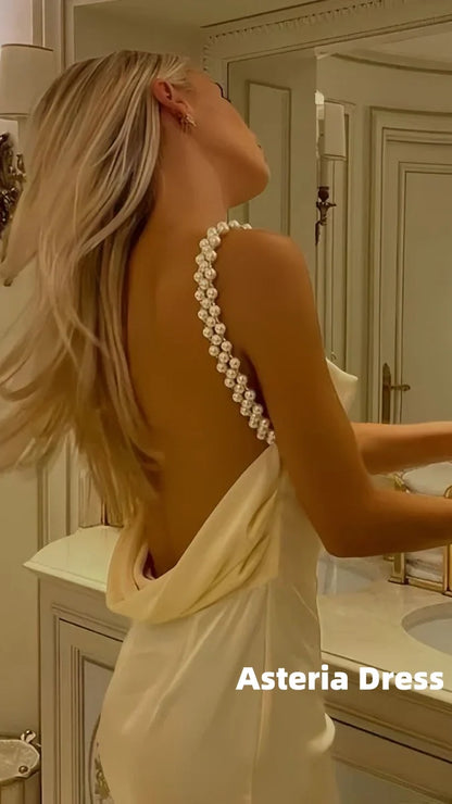 Elegant Yellow Pearl Senior Prom Dress Open Back Formal Gown, AST2324