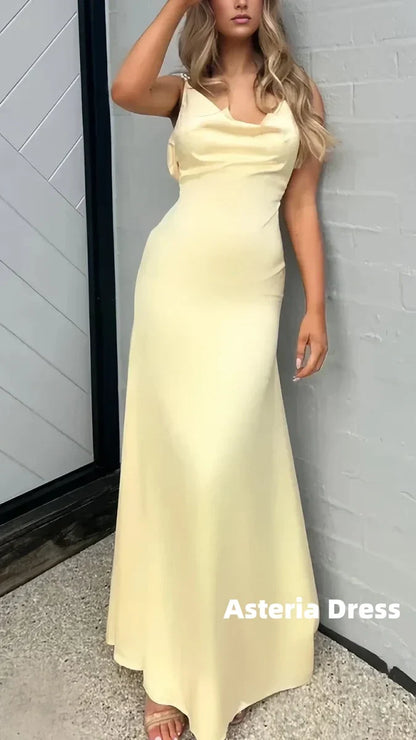 Elegant Yellow Pearl Senior Prom Dress Open Back Formal Gown, AST2324
