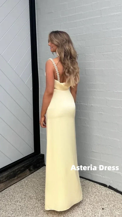 Elegant Yellow Pearl Senior Prom Dress Open Back Formal Gown, AST2324