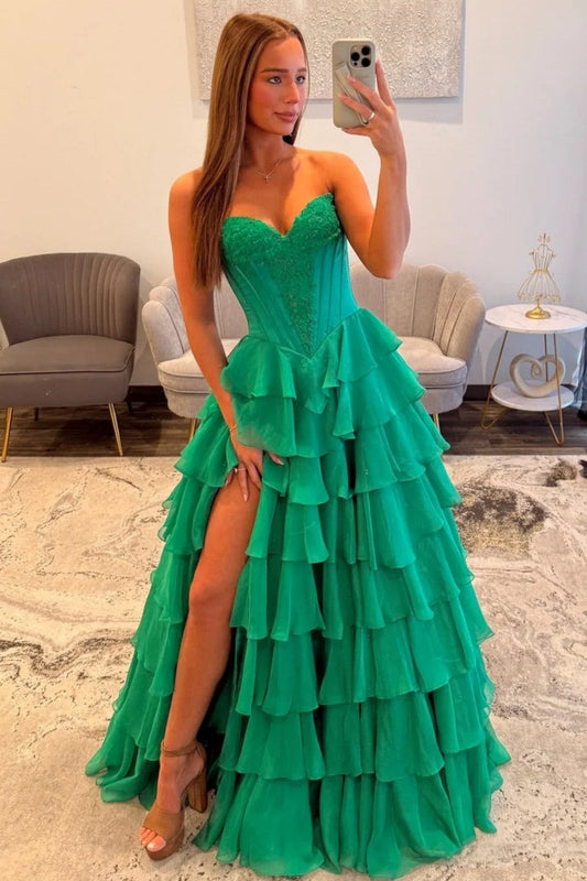 Emerald Green Sweetheart Corset Prom Dress with Tiered Ruffles and High Slit