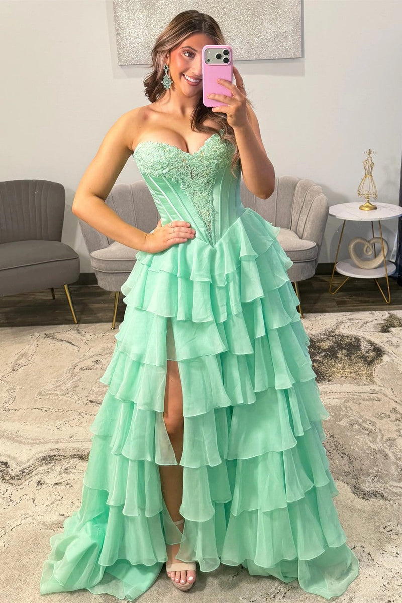 Emerald Green Sweetheart Corset Prom Dress with Tiered Ruffles and High Slit
