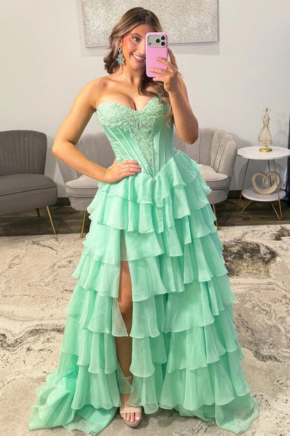Emerald Green Sweetheart Corset Prom Dress with Tiered Ruffles and High Slit