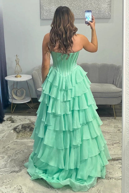 Emerald Green Sweetheart Corset Prom Dress with Tiered Ruffles and High Slit