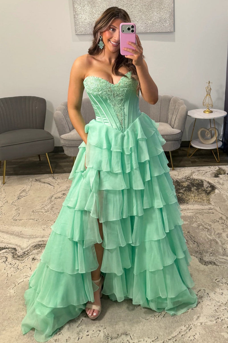 Emerald Green Sweetheart Corset Prom Dress with Tiered Ruffles and High Slit