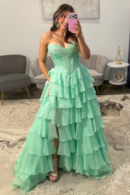Emerald Green Sweetheart Corset Prom Dress with Tiered Ruffles and High Slit