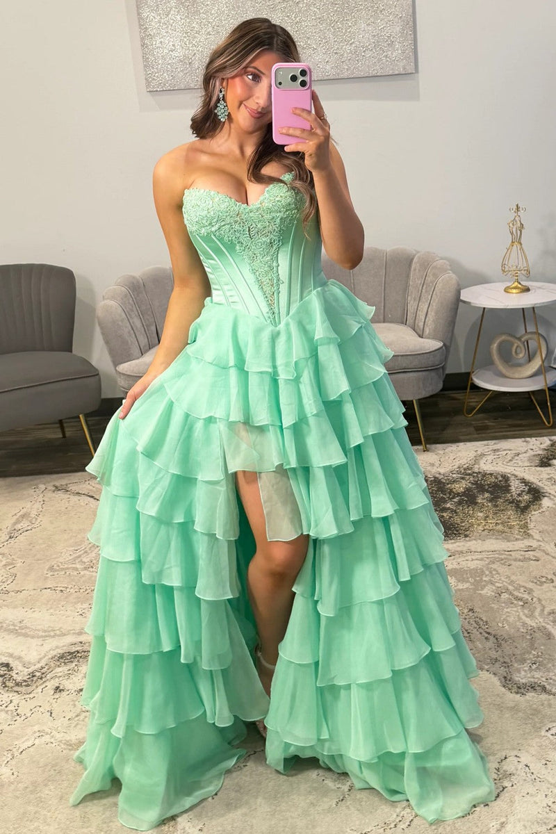 Emerald Green Sweetheart Corset Prom Dress with Tiered Ruffles and High Slit