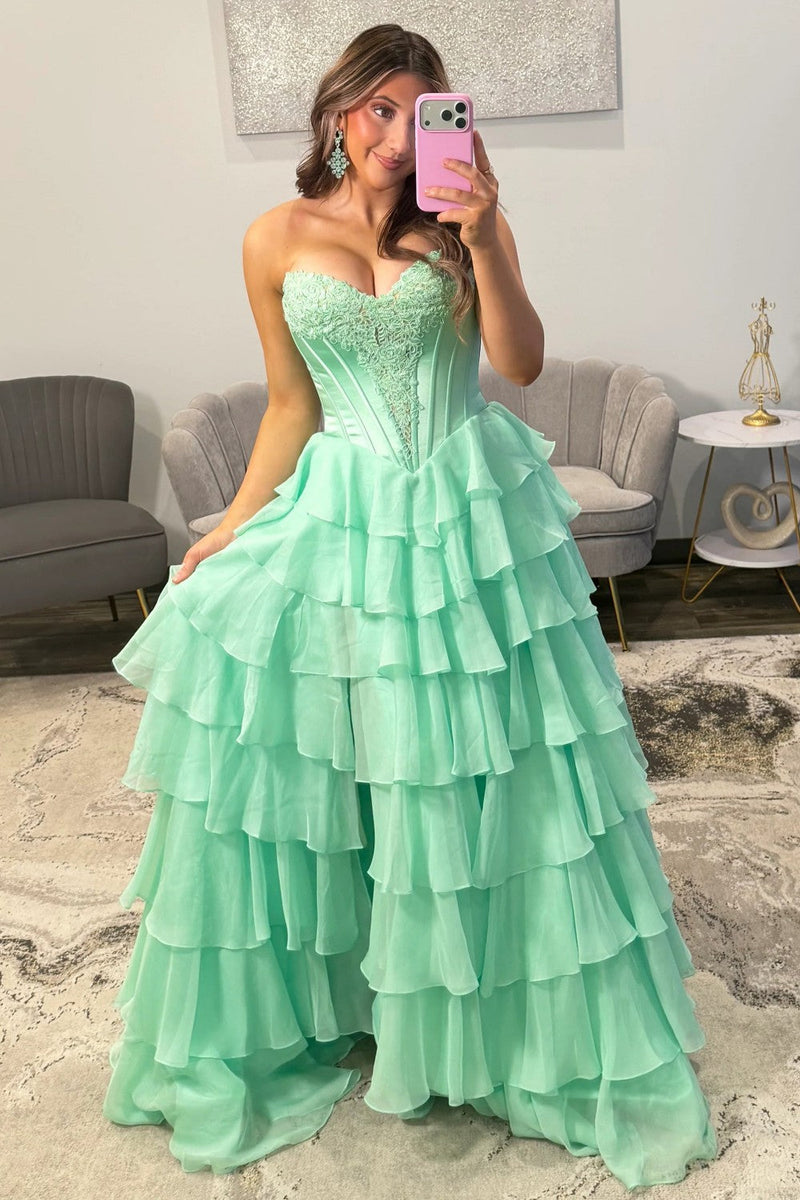 Emerald Green Sweetheart Corset Prom Dress with Tiered Ruffles and High Slit
