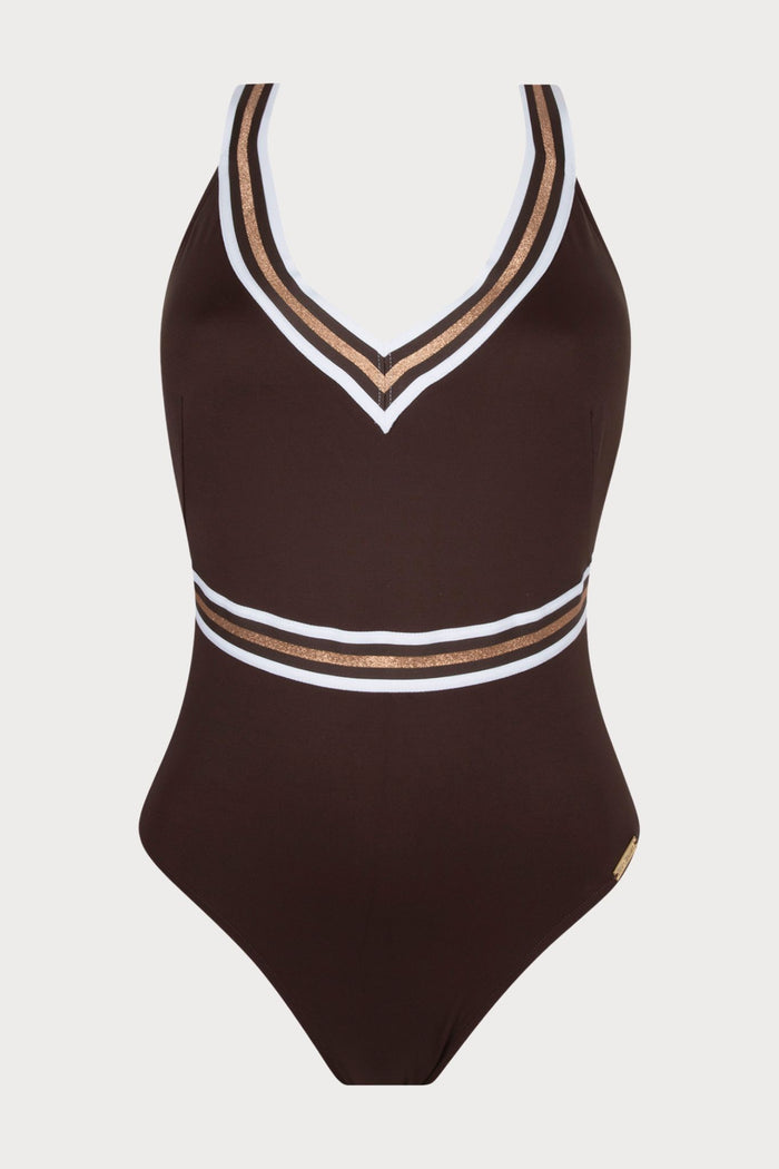 Lise Charmel Energie Nautique Taupe Crossed Back Swimsuit - Naughty Knickers