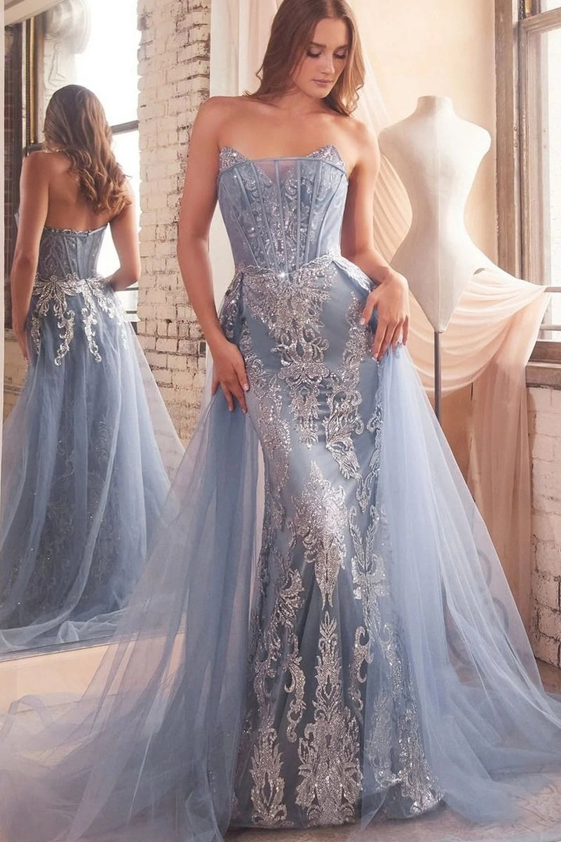 Exquisite Blue Strapless Sequins Applique Mesh Layered Prom Dress