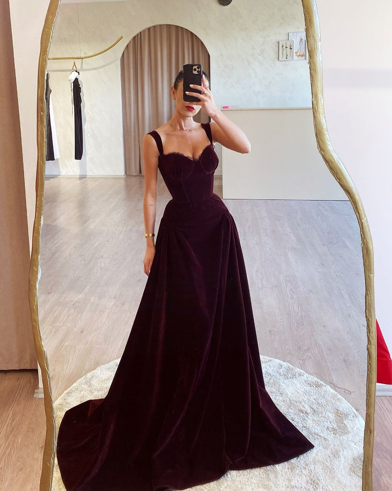 Exquisitetti Strap Backless Velvet Tailored Prom Dress