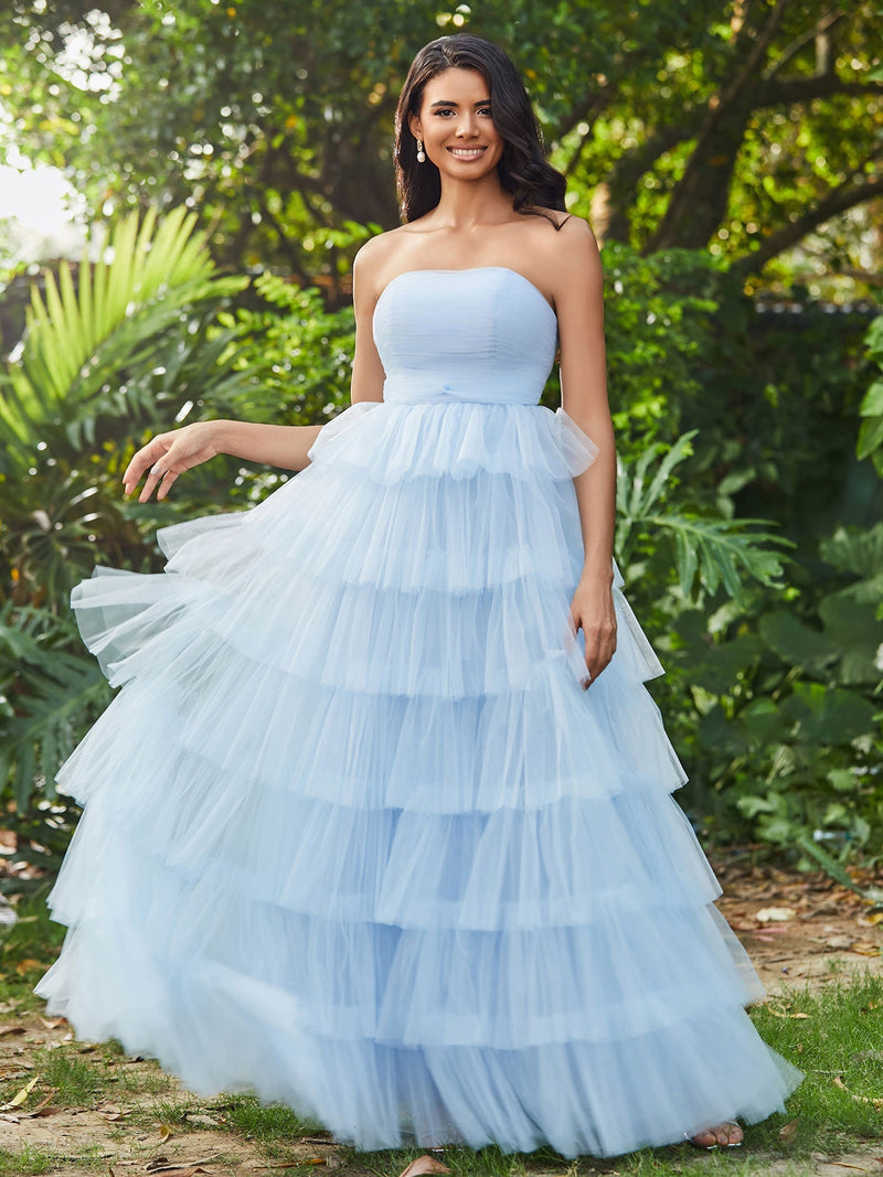 Fabulous Sky Blue Strapless Layered Tulle Sleeveless Prom Dress
