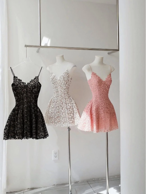 Fairy A-Line Hoco Dresses Lace Spaghetti Straps Short Prom Dresses