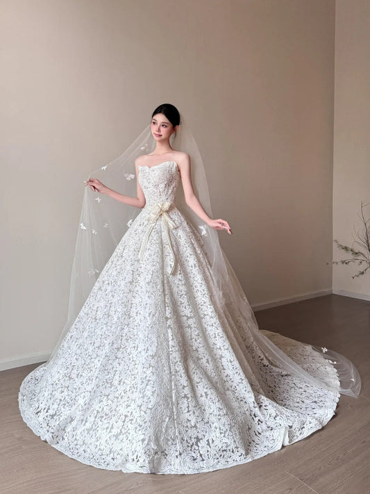 Fairy A-line Long Wedding Dresses Applique White Bridal Gowns Sleevless Strapless Bridal Dresses