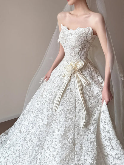 Fairy A-line Long Wedding Dresses Applique White Bridal Gowns Sleevless Strapless Bridal Dresses