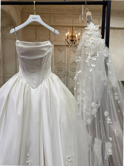 Fairy A-line Long Wedding Dresses Satin White Bridal Gowns Sleevless Strapless Bridal Dresses