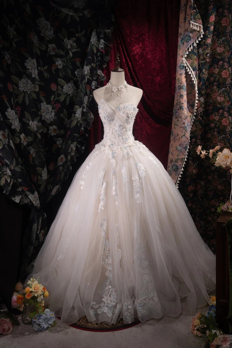 Fairy A-line Long Wedding Dresses Tulle Appliques White Bridal Gowns Sleeveless Sweetheart Bridal Dresses