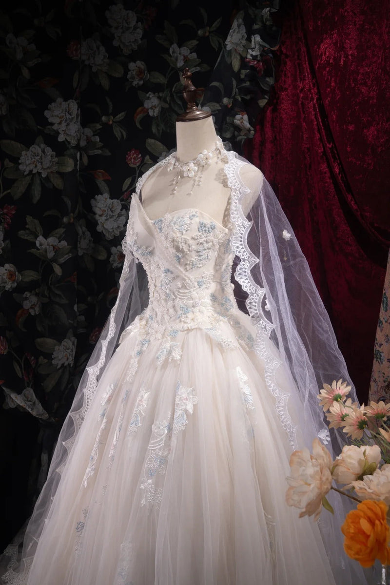 Fairy A-line Long Wedding Dresses Tulle Appliques White Bridal Gowns Sleeveless Sweetheart Bridal Dresses