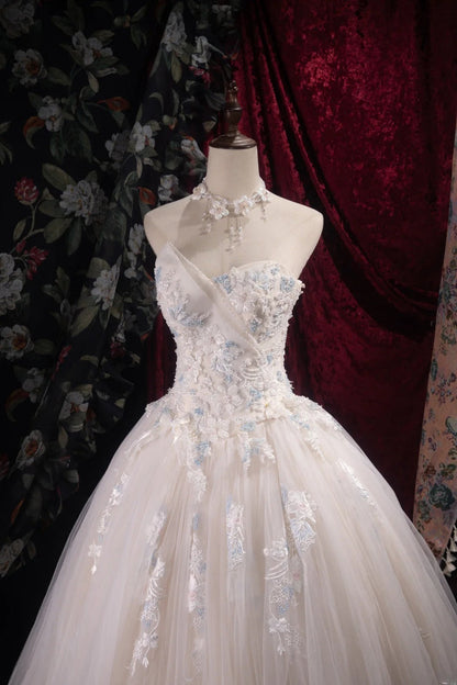 Fairy A-line Long Wedding Dresses Tulle Appliques White Bridal Gowns Sleeveless Sweetheart Bridal Dresses