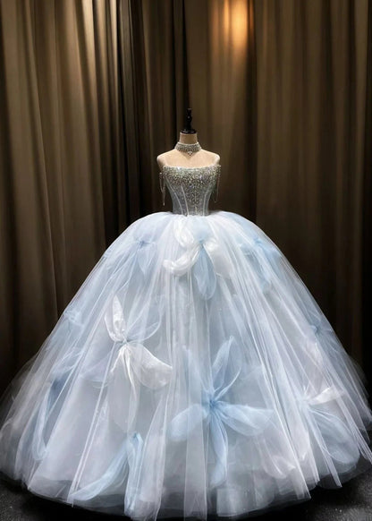 Fairy A-line Long Wedding Dresses Tulle Ice Blue Bridal Gowns Sleeveless Strapless Bridal Dresses