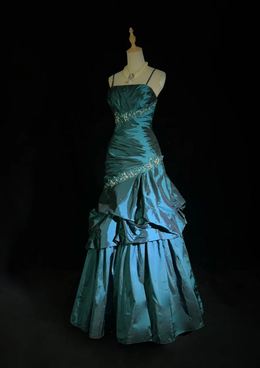 Fairy A-Line Teal Long Prom Dress, Spaghetti Straps Satin Beaded Formal Dresses Teal Evening Dresses