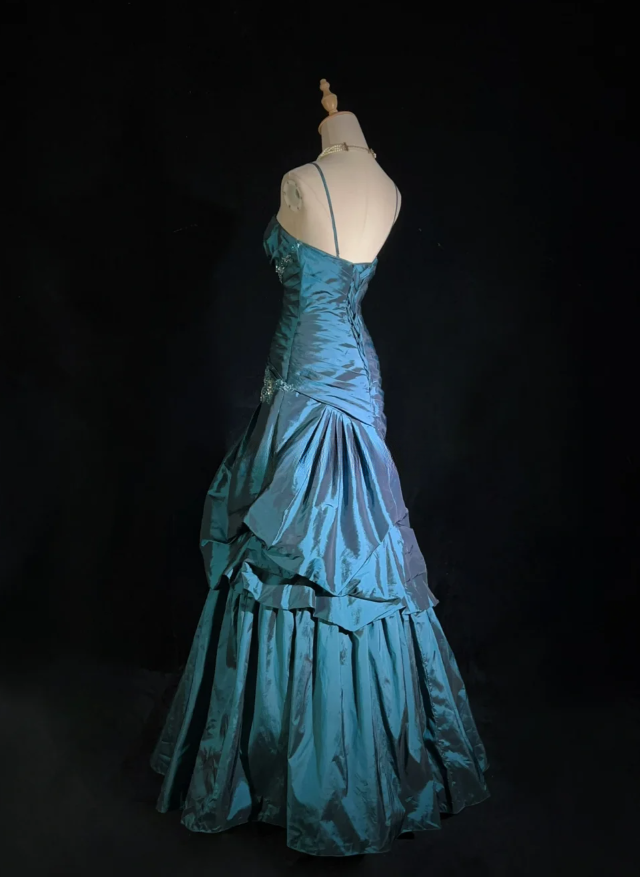 Fairy A-Line Teal Long Prom Dress, Spaghetti Straps Satin Beaded Formal Dresses Teal Evening Dresses