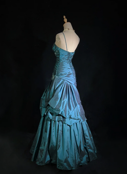 Fairy A-Line Teal Long Prom Dress, Spaghetti Straps Satin Beaded Formal Dresses Teal Evening Dresses