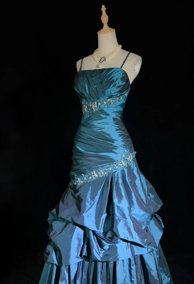Fairy A-Line Teal Long Prom Dress, Spaghetti Straps Satin Beaded Formal Dresses Teal Evening Dresses