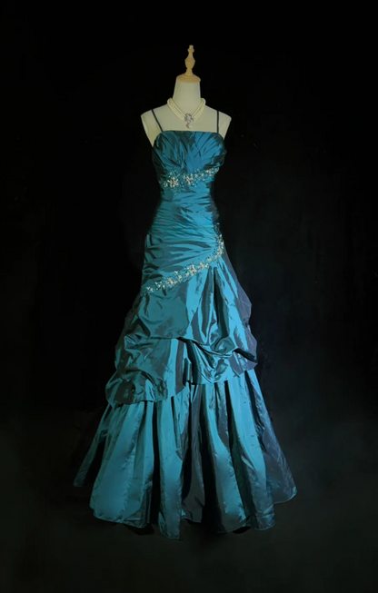 Fairy A-Line Teal Long Prom Dress, Spaghetti Straps Satin Beaded Formal Dresses Teal Evening Dresses